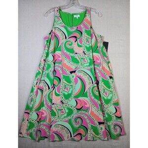 NWT Crown & Ivy Bold Grooves Sleeveless Swing Dress Medium Pink Green Pockets